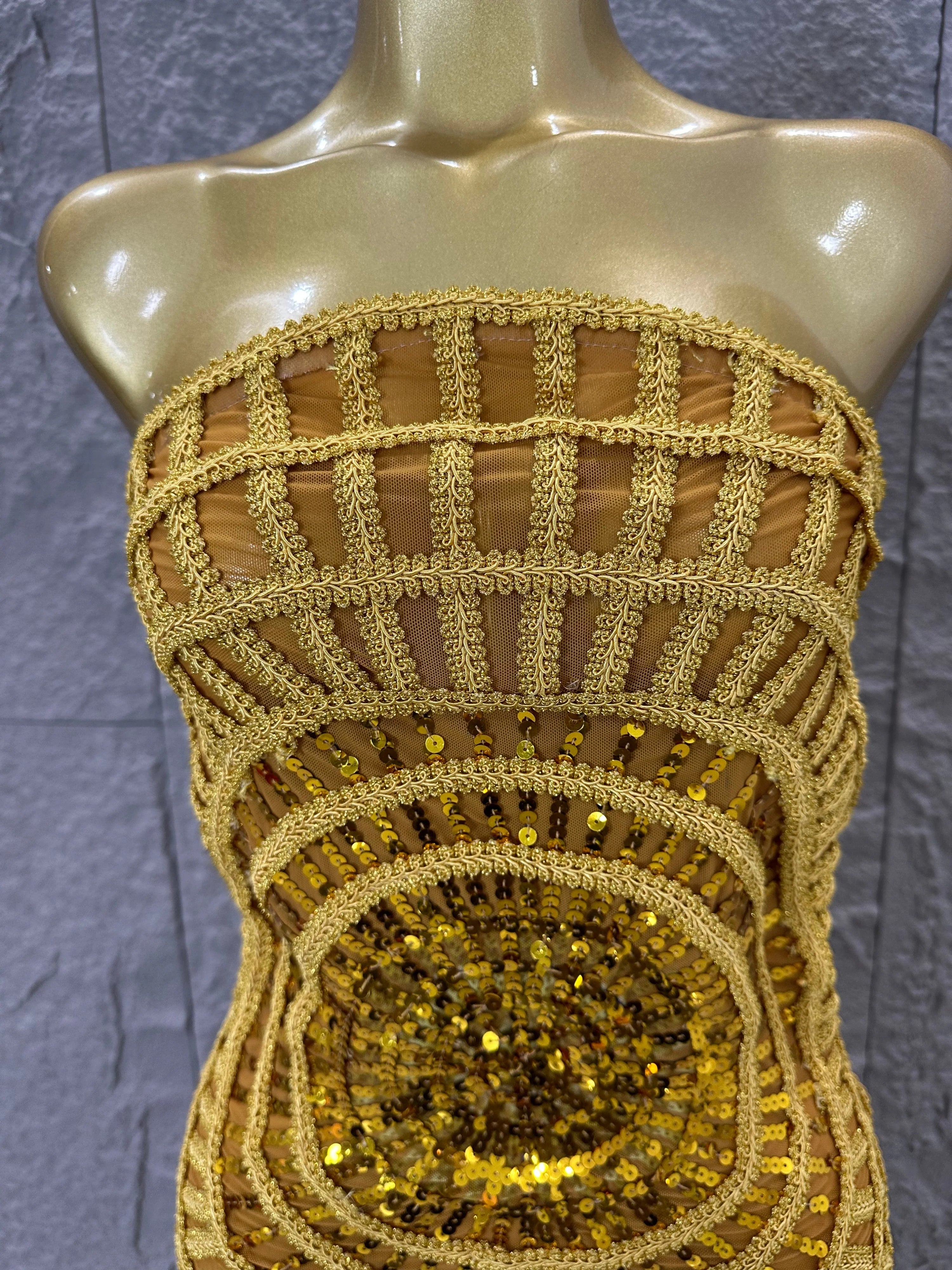 Women Sexy Strapless 3D Grid Embellished Bodycon Mermaid Outfit Stage Performance CostumeElegant Sequined Sheer Mesh Maxi Dress