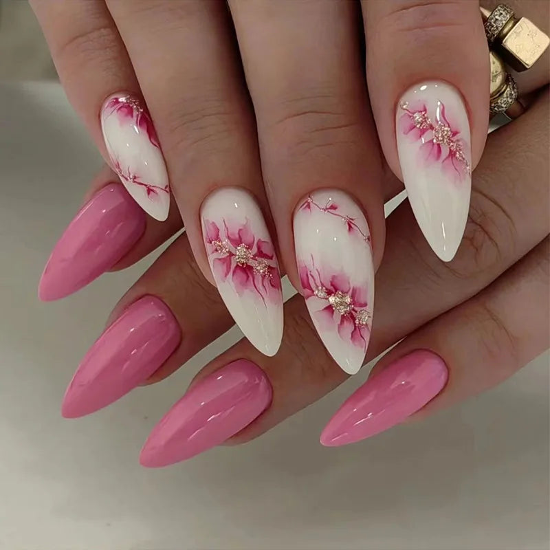 24pcs Red Flower Design Stick on Nail Art French Oval Fake Nail Finished Short Almond False Nails Datachable Press on Nails Tips W1631