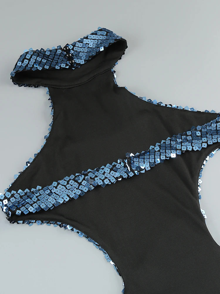 Blue Shiny Sequined Hatler Evening Dress Backless Cut Out Sleeveless Prom Bodycon Wedding Party Cocktail Evening Gown Vestido