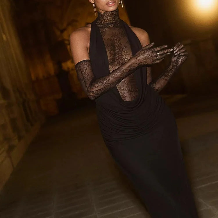 Glamorous Black Halter Dress with Lace Details Gloves for Fashion Events Party Evening Gown