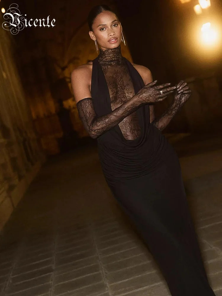 Glamorous Black Halter Dress with Lace Details Gloves for Fashion Events Party Evening Gown