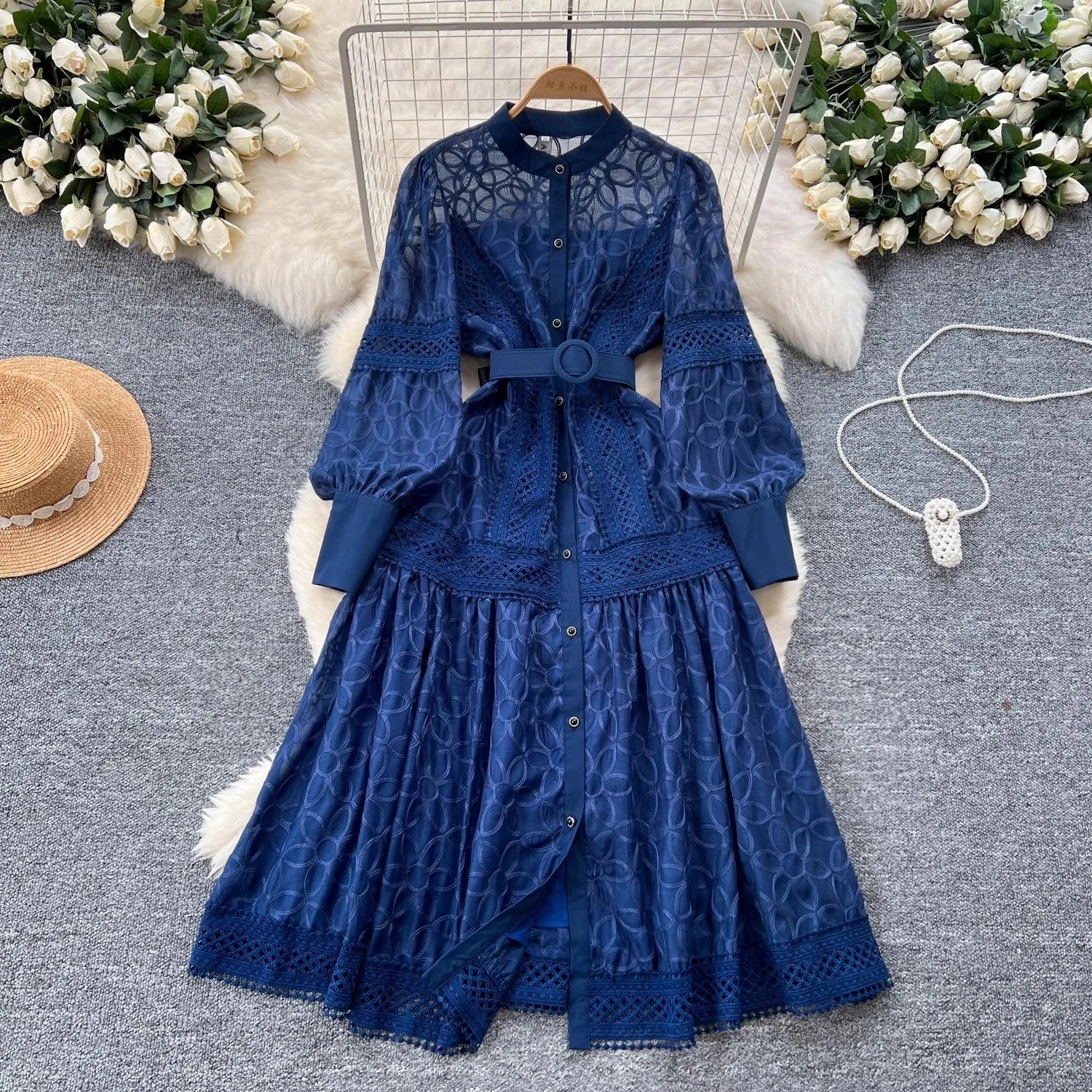 Autumn Elegant Hollow Out Spliced Lace Flower Embroidery Dress Women's Stand Collar Bandage Single Breasted Party Midi Vestidos blue