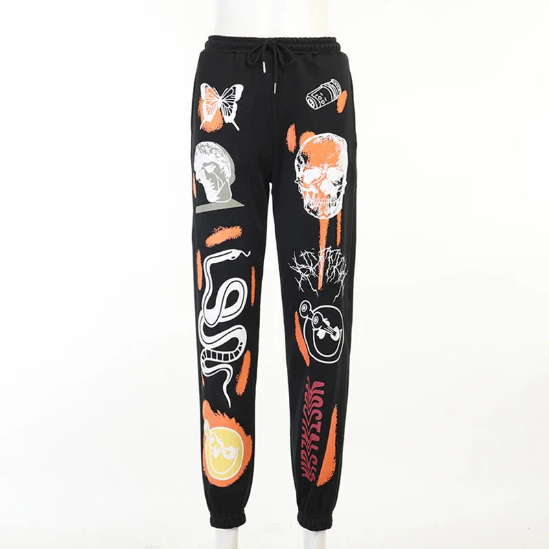 Women Sweatpants Joggers Y2K Harajuku Cartoon Skull Printed Streetwear Sweatpants Pants Casual High Waist Sweatpants 2022 Winter CL4113-Black