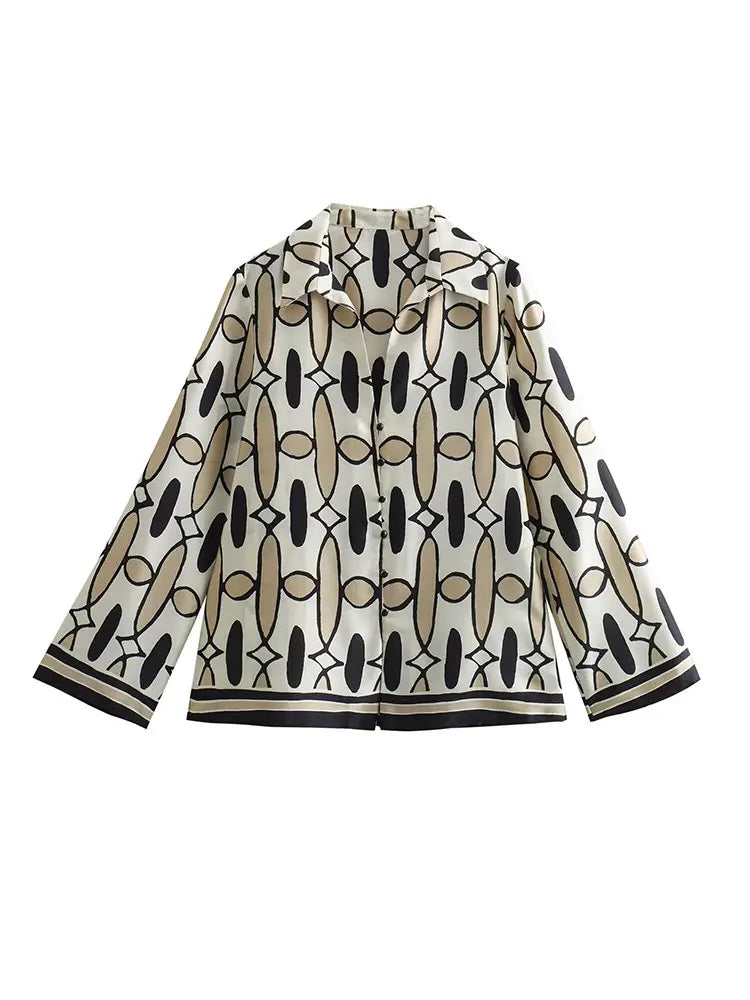 Fashion Print Sequin Shirt 2 Piece Sets For Women Loose Lapel Long Sleeves Top Wide Leg Pants Suits Lady Elegant Outfits Shirt 2