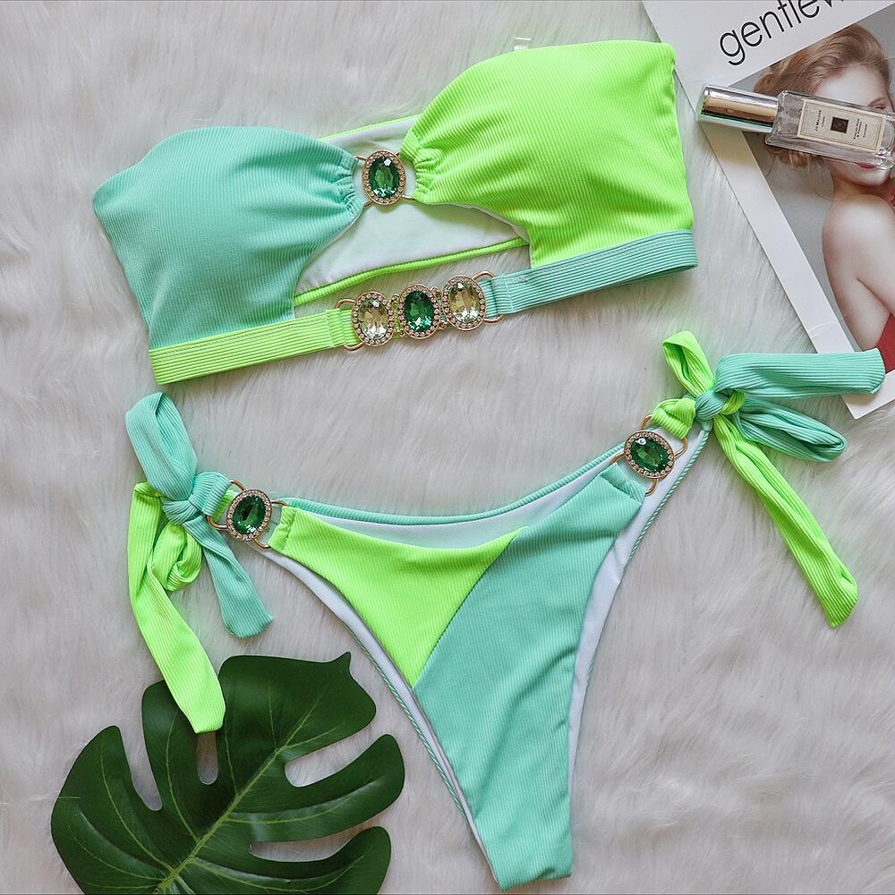 Sexy Bikini Bandeau Crystal Diamond Patchwork Hollow Swimwear - Swimsuit Bikinis Set Bathing Suit Bikini Female Push Up Light Green