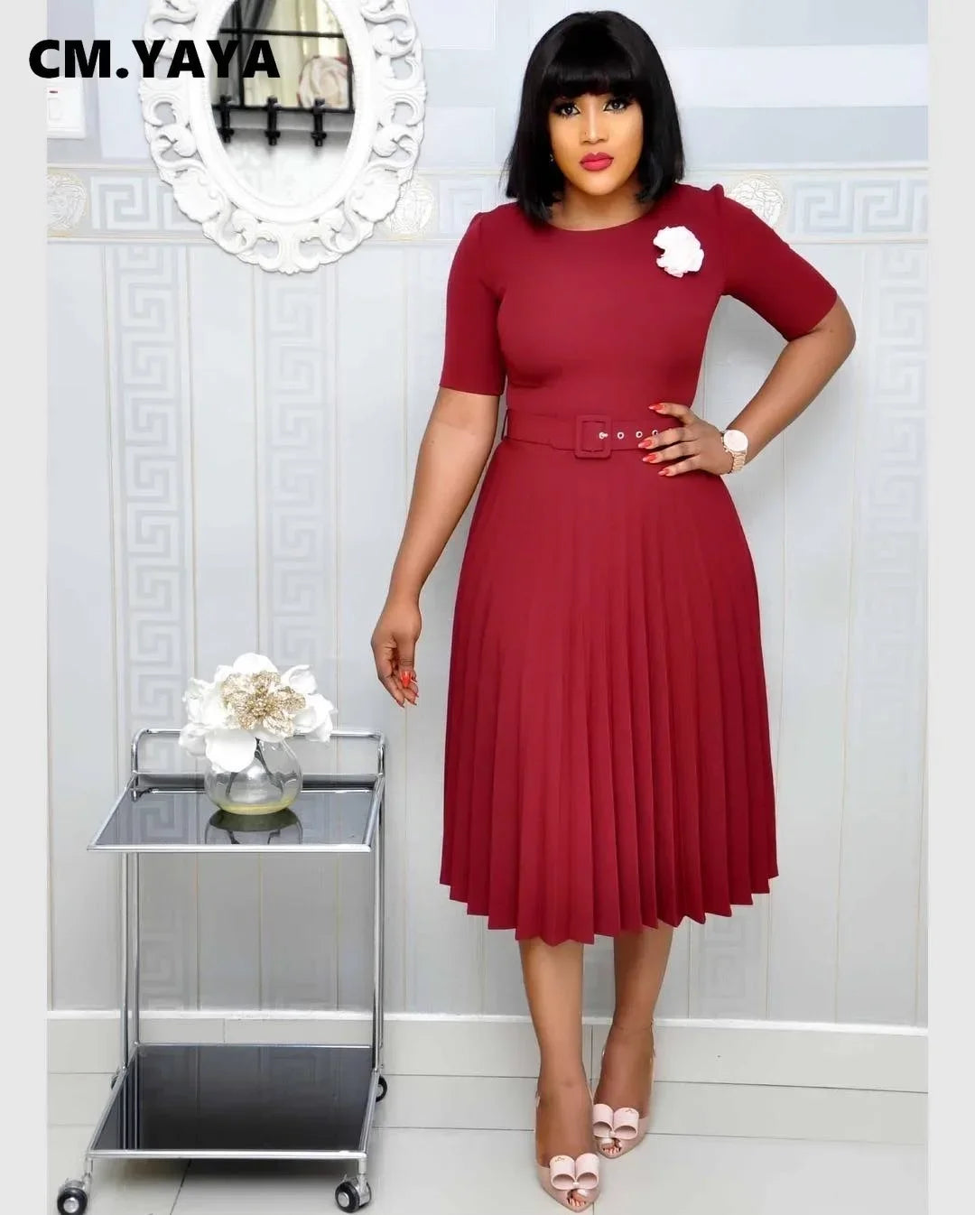 Summer Midi Pleated Dress Short Sleeve Office Lady Africa Sashes Women High Waist Elegant Dresses Vestidos