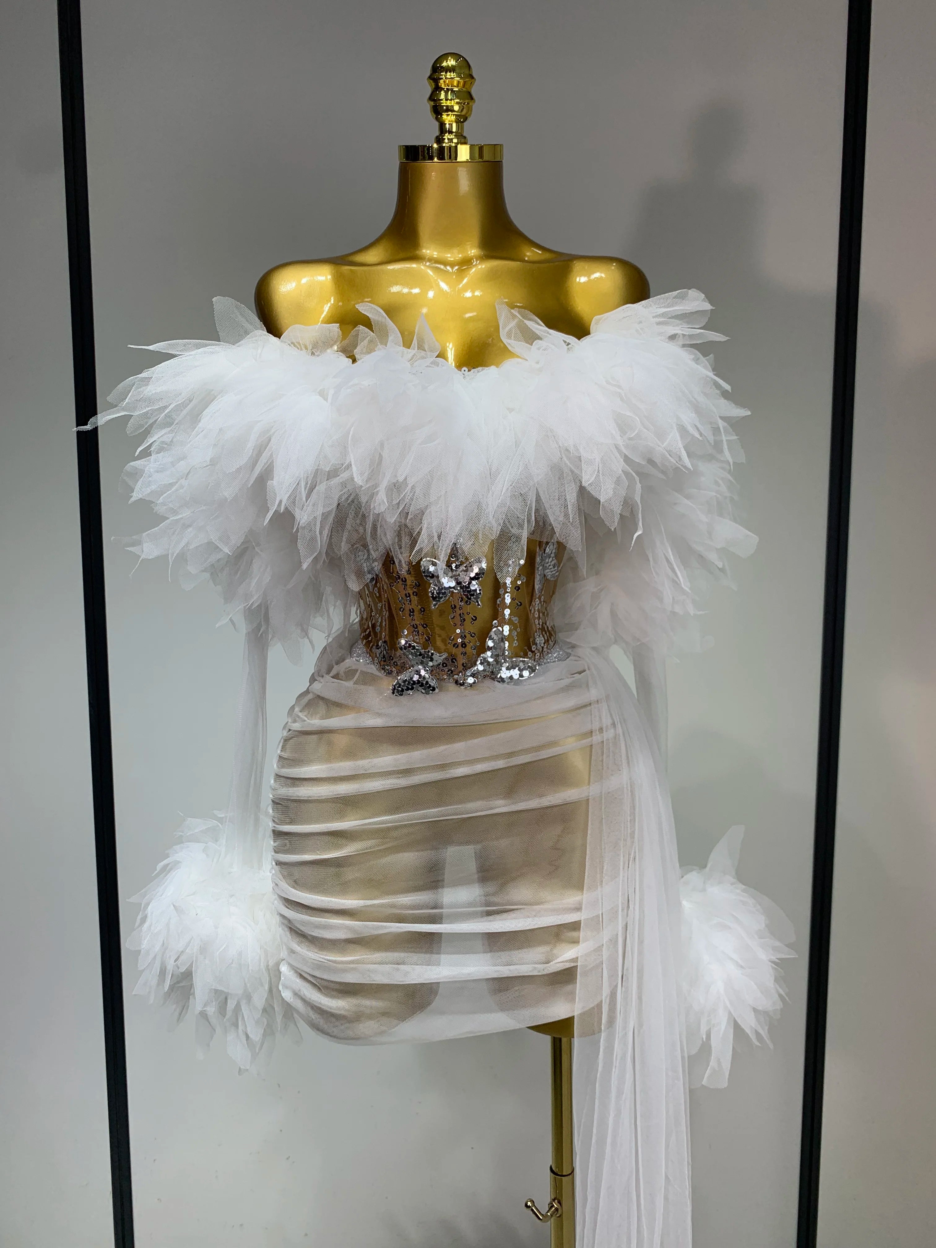 Women Sexy Backless Mesh Transparent Three Pieces Set Performance Dance Costume Nightclub Birthday Photo Shoot Stage Outfit WHITE