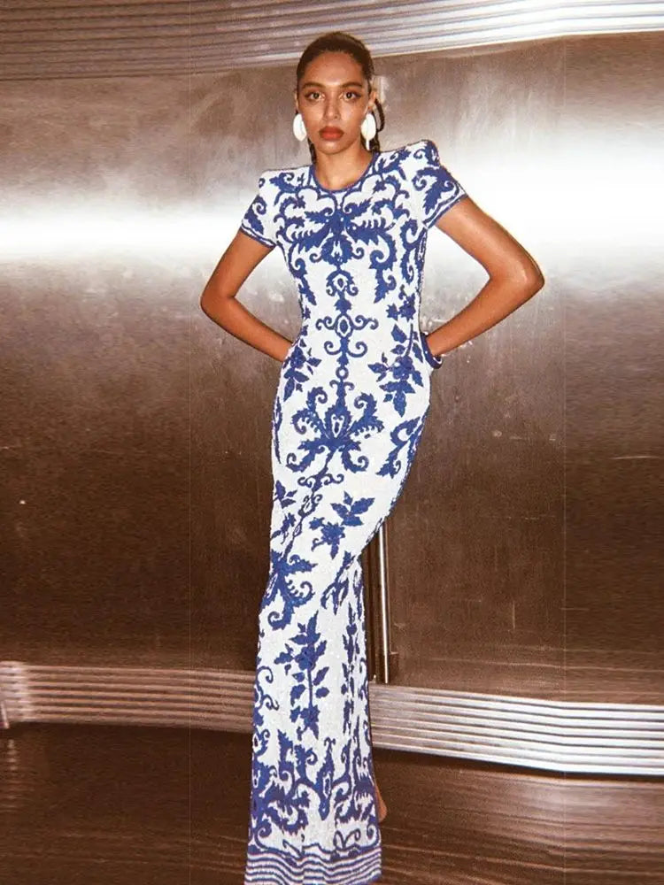 Ailigou Women's Sexy Short sleeved Blue and White Porcelain Printed Tight Long Bandage Dress Elegant Celebrity Party Dress