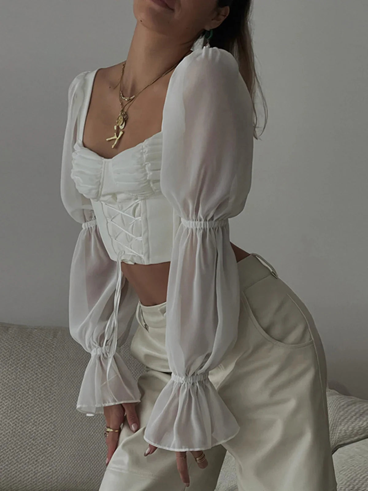 Spring Summer New Women Street Trendy Square Neck Mesh Patchwork Long Sleeved Slim Fit Cropped T-shirt Exposed Navel Top WHITE