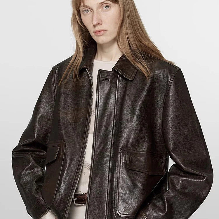 Lautaro Spring Autumn Short Distressed Brown Pu Leather Jacket Women Zipper Pockets Luxury Designer American Retro Clothes 2025 Dark brown