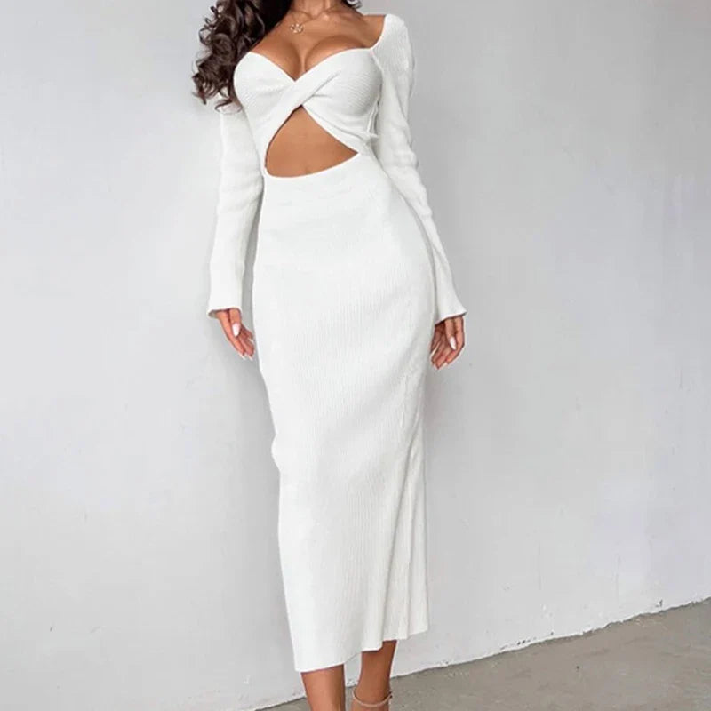 Autumn New Hot White Long-sleeved O-neck Chest-wrapped Hollow High Waist Slim Dress Crop Top Elegant Knee Skirt Rib Fabric Dress