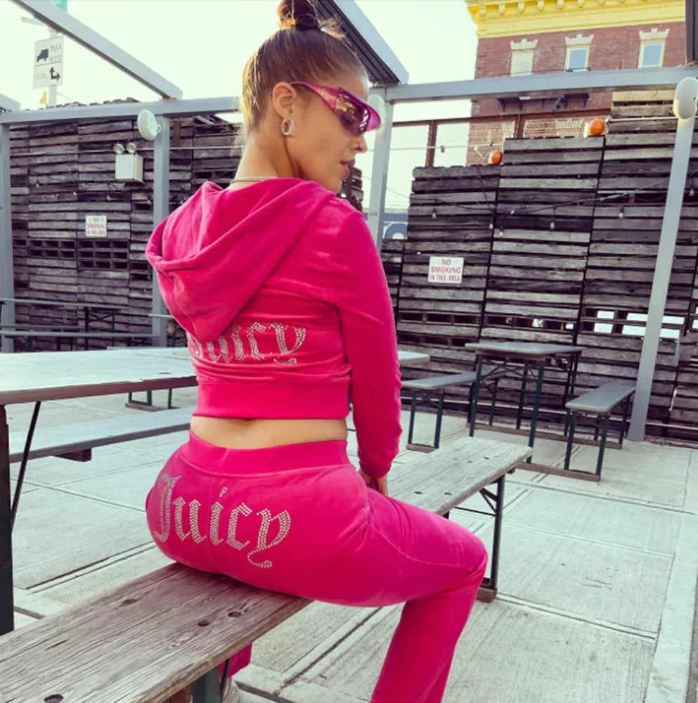 Velour Tracksuit Women Long Sleeve Hoodie Juicy Bling Shine Tops+Pants Two Piece Diamond Logo Print Casual Workout Clothes Rose Red
