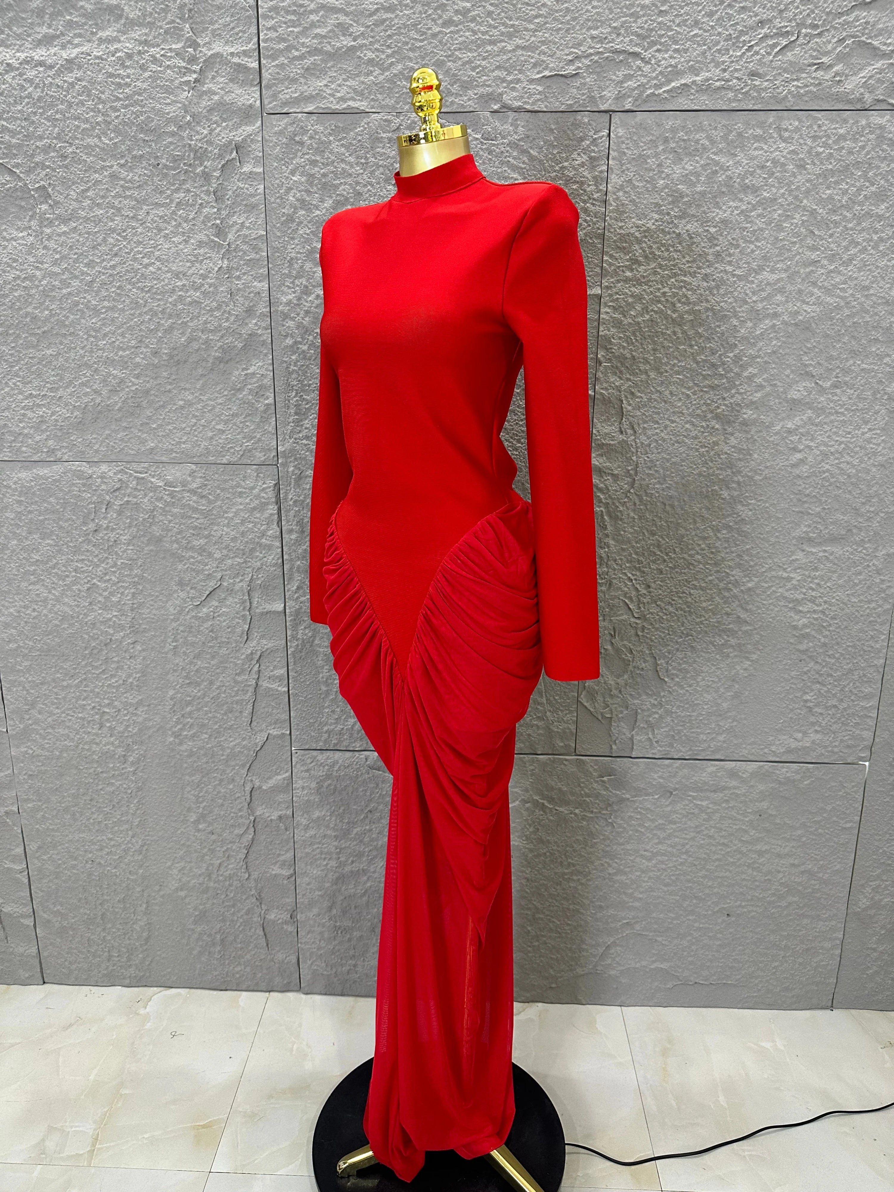 Glamorous Red Long Sleeve Maxi Dress Women High Neck Ruched Draped Bodycon Nightclub Outfit Cocktail Party Costume