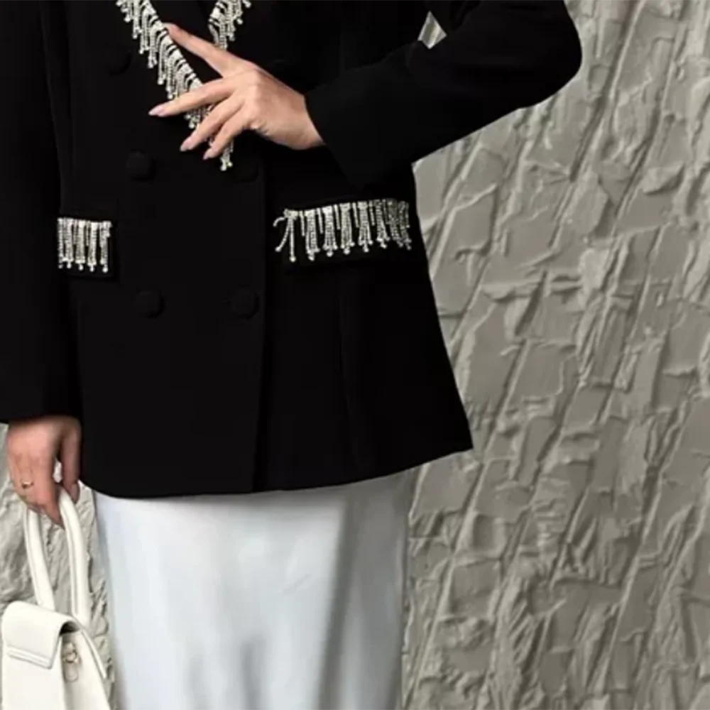 Solid Spliced Tassels Elegant Jackets for Women Lapel Long Sleeve Patchwork Double Breasted Blazer Demale Clothing