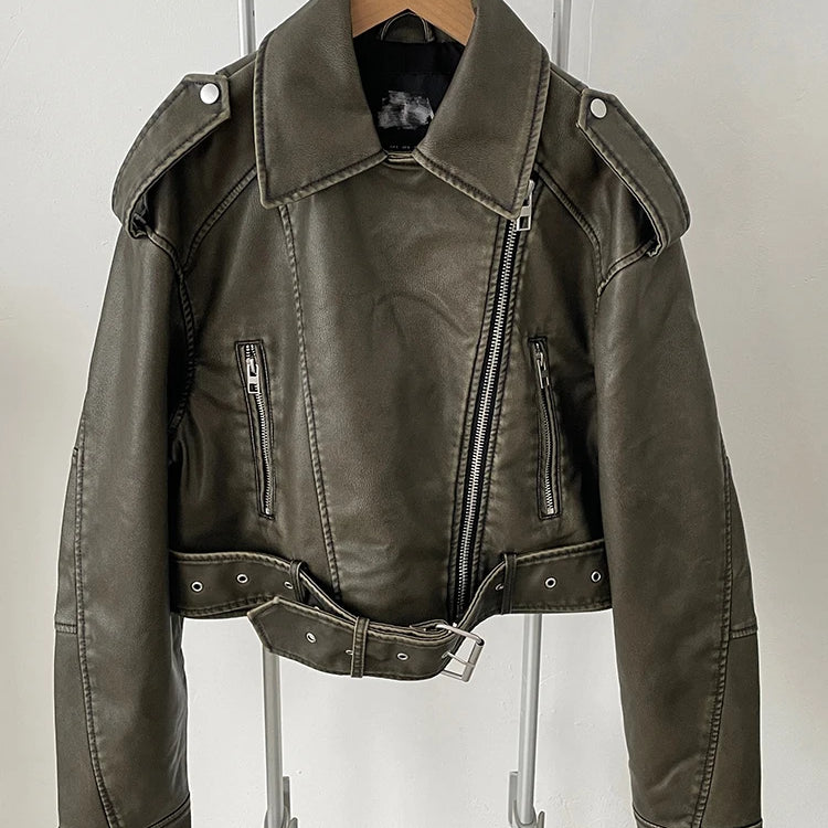 Lautaro-Women's Short Loose PU Leather Biker Jacket, Zipper , Retro Female Streetwear, European Fashion, Cool, Spring, Autumn,