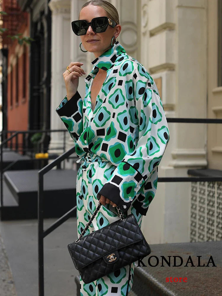 KONDALA Geometric Print Vintage Women Suits Autumn Fashion Oversized Long Shirts and High Waist Wide Leg Pants Women Set