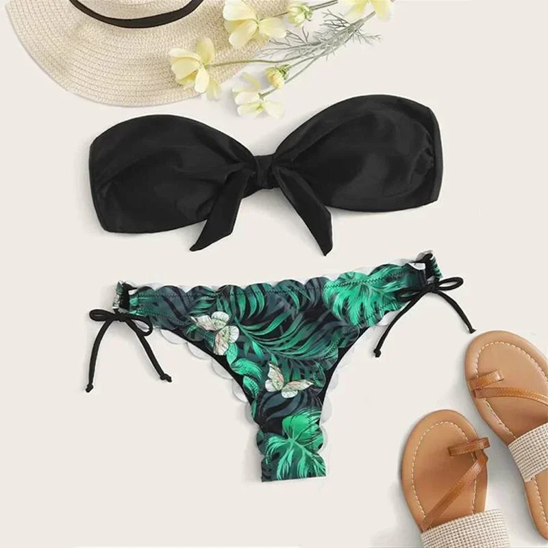 Beach Bikini Woman Sexy Front Lace Up Tie Strapless Leopard Swimsuit Female Push Up Ruffled Bow Bathing Suit Thong Swimwear