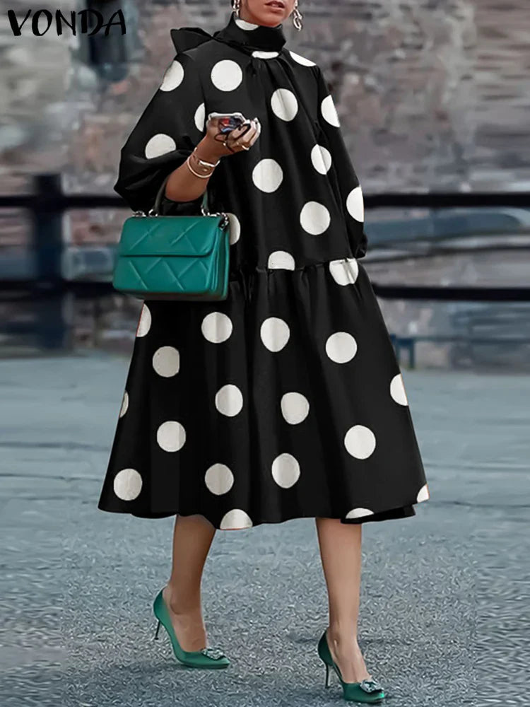 Women Bohemian Maxi Dress 2023 VONDA Fashion Sexy Printed Party Sundress Beach Holiday Dress Oversized Vestidos Femme A-Black