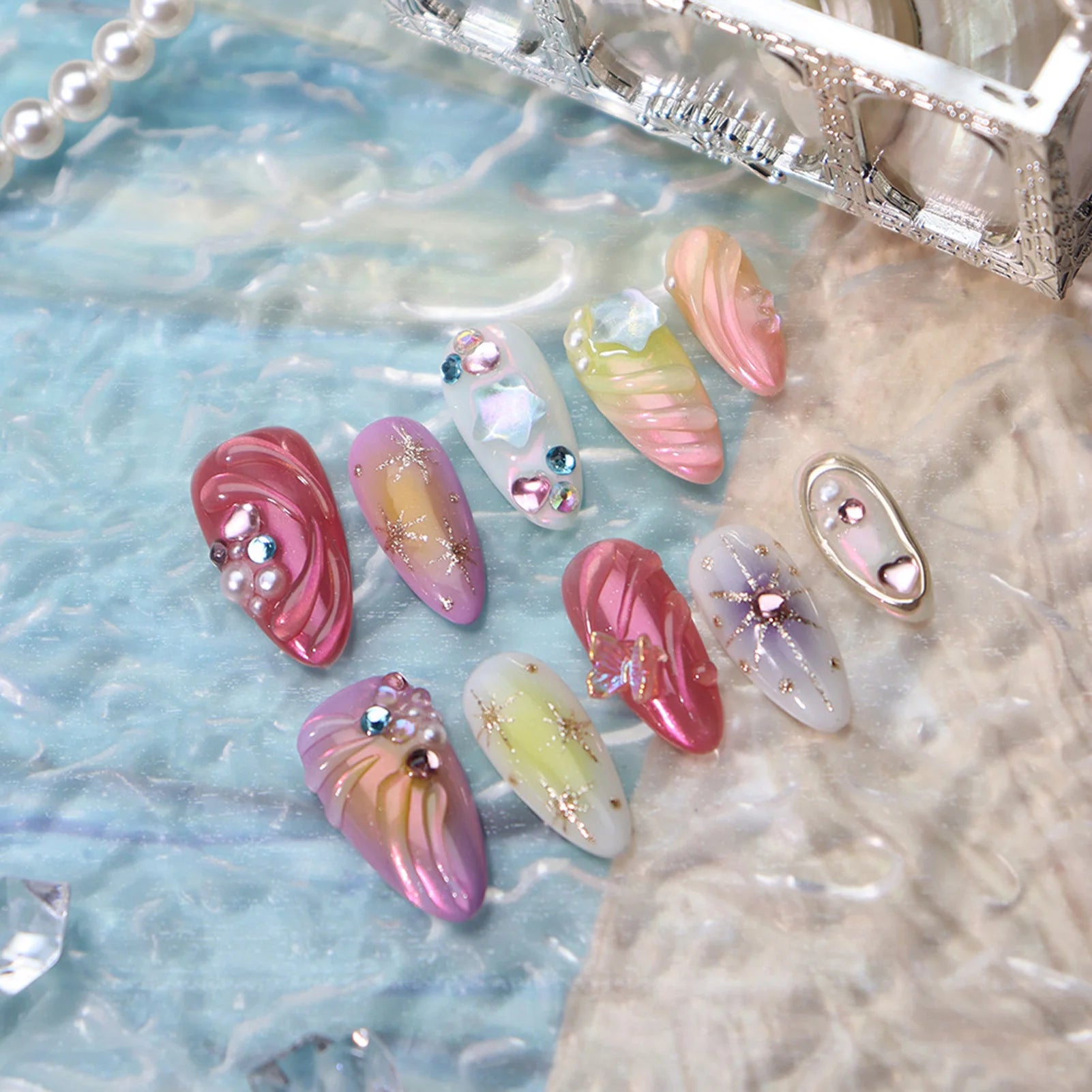 Ocean Series Fake Nail 10pcs Handmade 3d Colored Press On Nails Pearl And Buterfaly Design Almond False Nail Patches Deachable