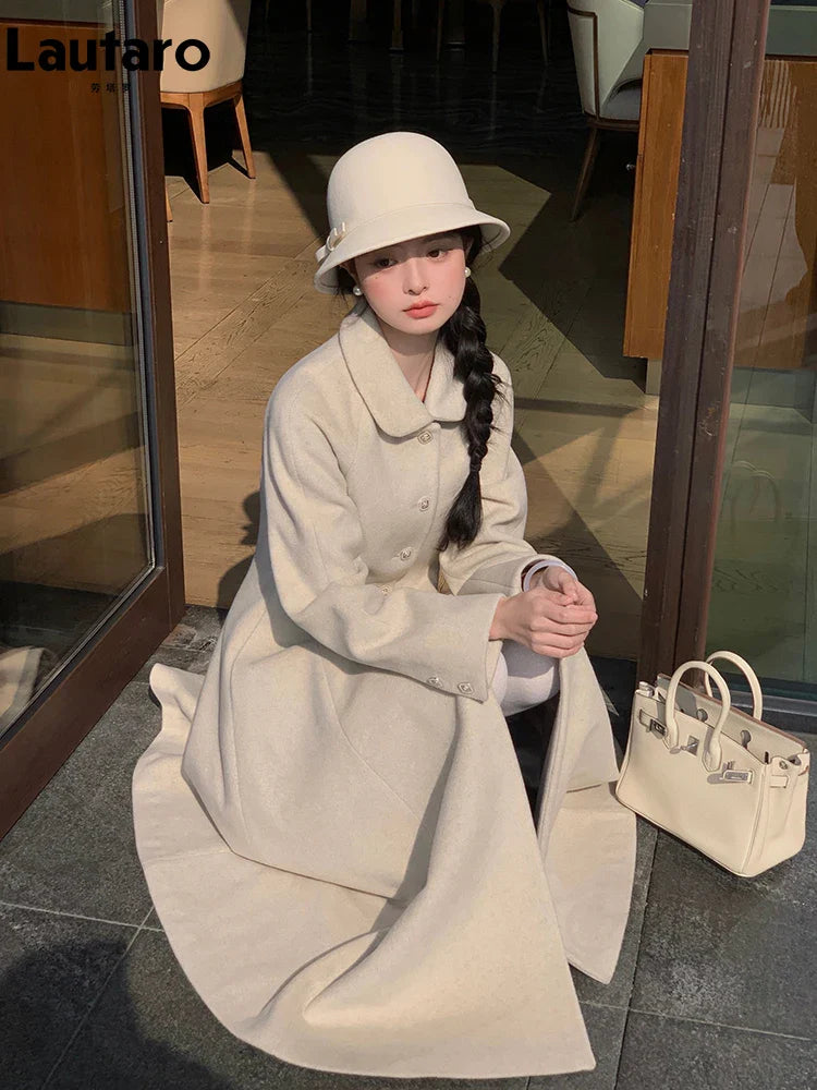 Winter Long Wool & blends Coat for Women Chic Luxury Elegant Womans Clothing Skirted Woolen Overcoat 2024