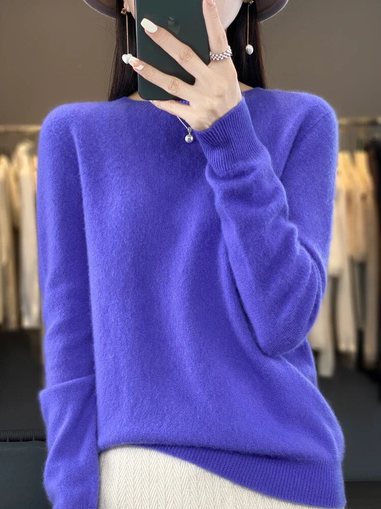 Women 100% Pure Merino Wool Knitted Sweater Autumn Winter Fashion O-Neck Top Cashmere Warm Pullover Seamless Jumper Clothes Blue Purple
