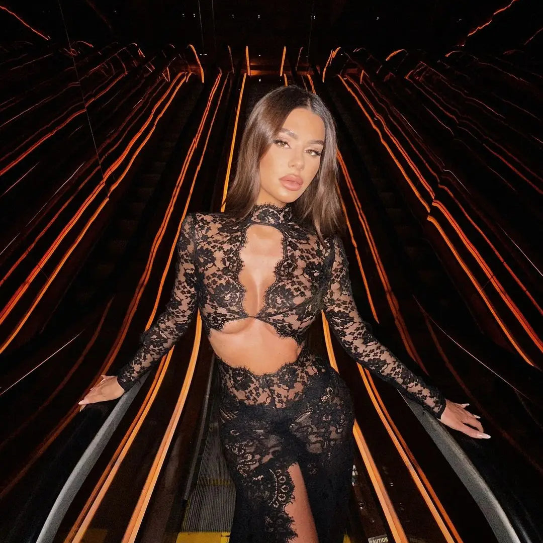 Black Color New Fashion Women Long Sleeve Sexy Lace Keyhole Bodycon Long Dress Fashion Nightclub Party Celebrate Outfit