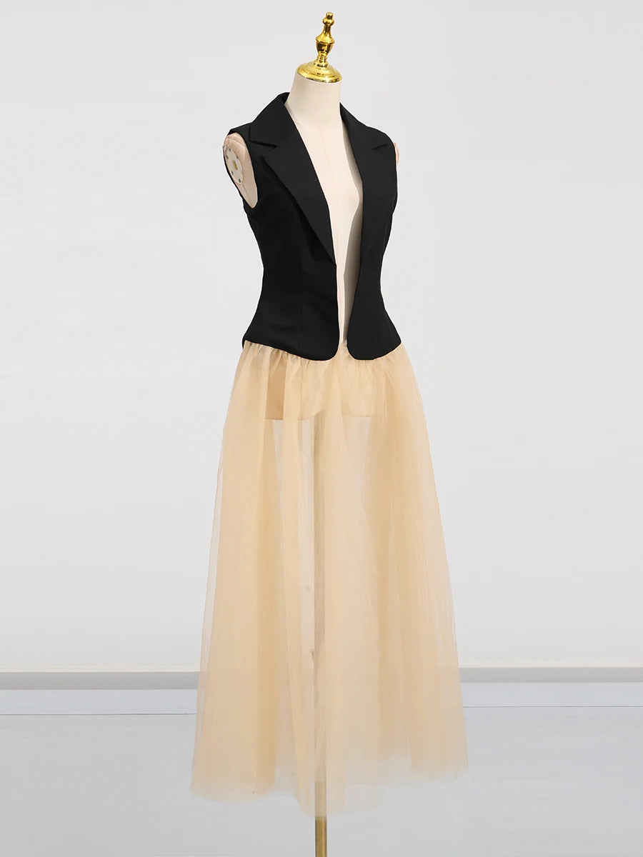 Hit Color Sheer Elegant Jacket for Women Lapel Sleeveless Patchwork Folds Fashion Long Jacket Female Clothing New