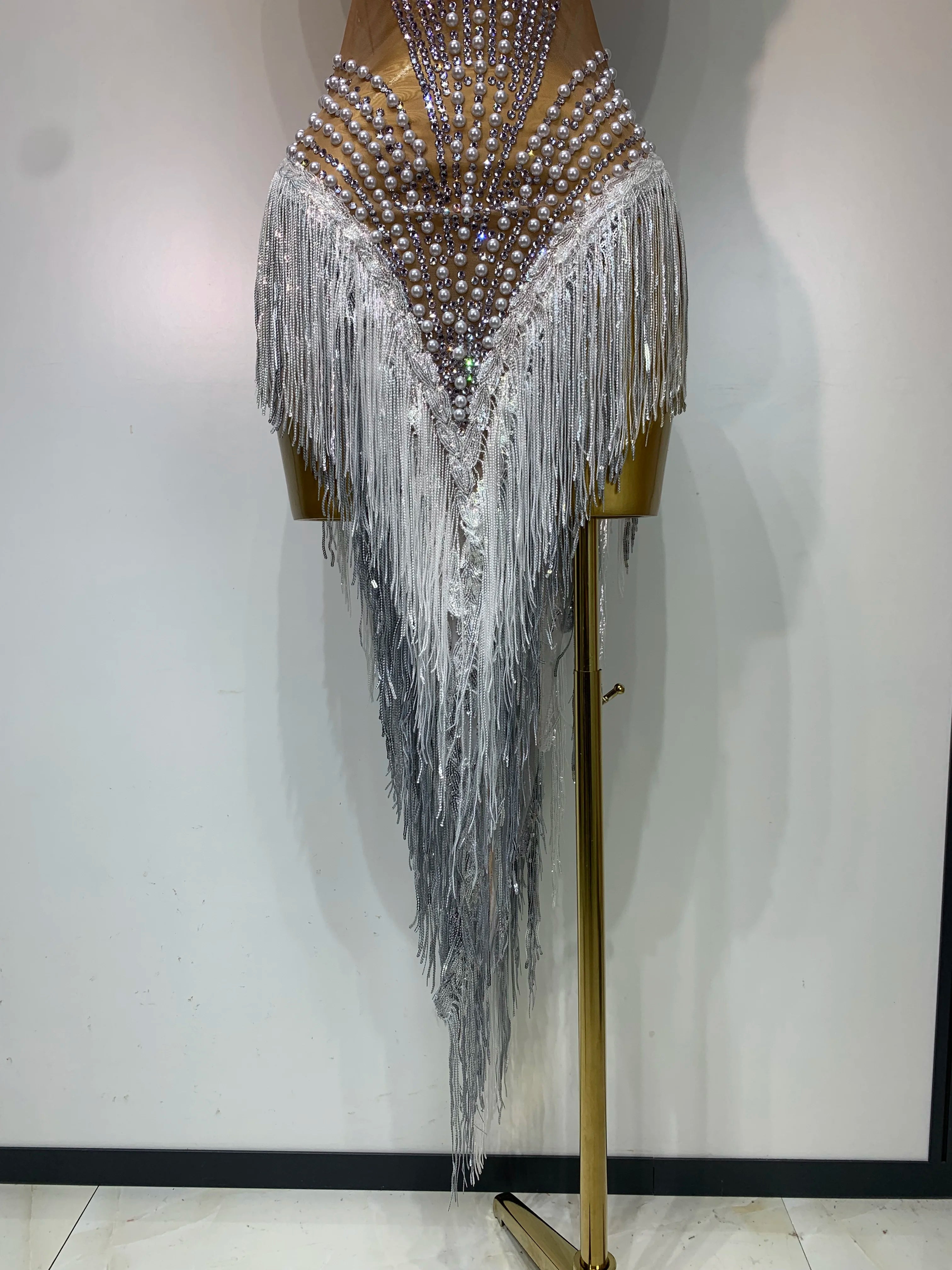 Women Sparkly Rhinestones Pearls Tassel Sexy Mesh See Through Dress Latin Dance Outfits Bar Nightclub Party Stage Costume