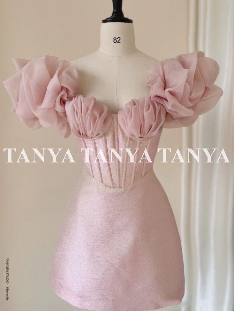 Sweety – robe de soirée plissée, sans bretelles, motif Floral 3D, manches bouffantes, ligne a, courte, élégante, en Tulle français, robe de soirée
