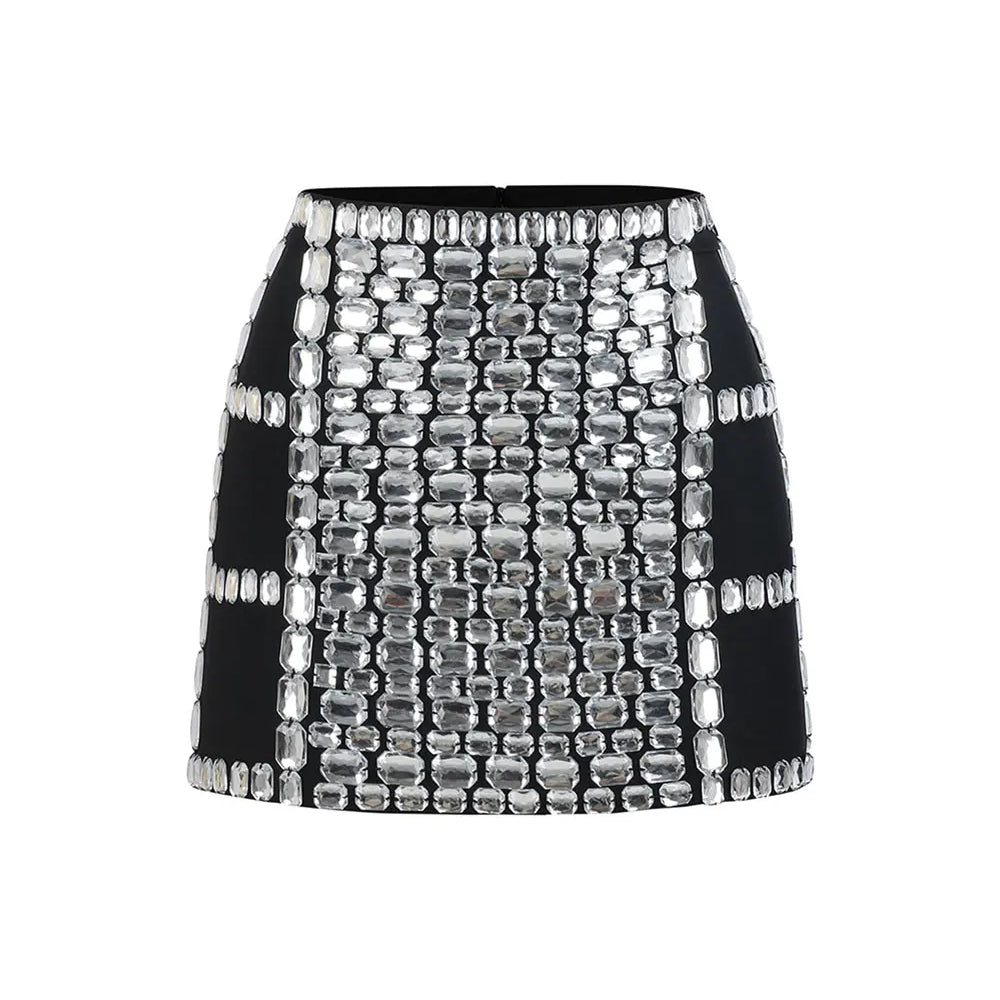 2025 Women Light Luxury Nail Bead Short Skirt Sets With Hanging Neck Style Sleeveless Ultra Short Top + Mini Skirt Two-Piece Set