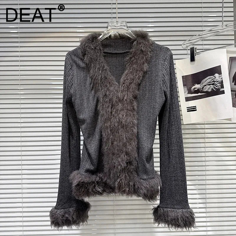 Winter New Fashion V-Neck Fur Collar Patchwork Long Sleeve T-Shirt For Women Versatile Knitted Cardigan 11A07844