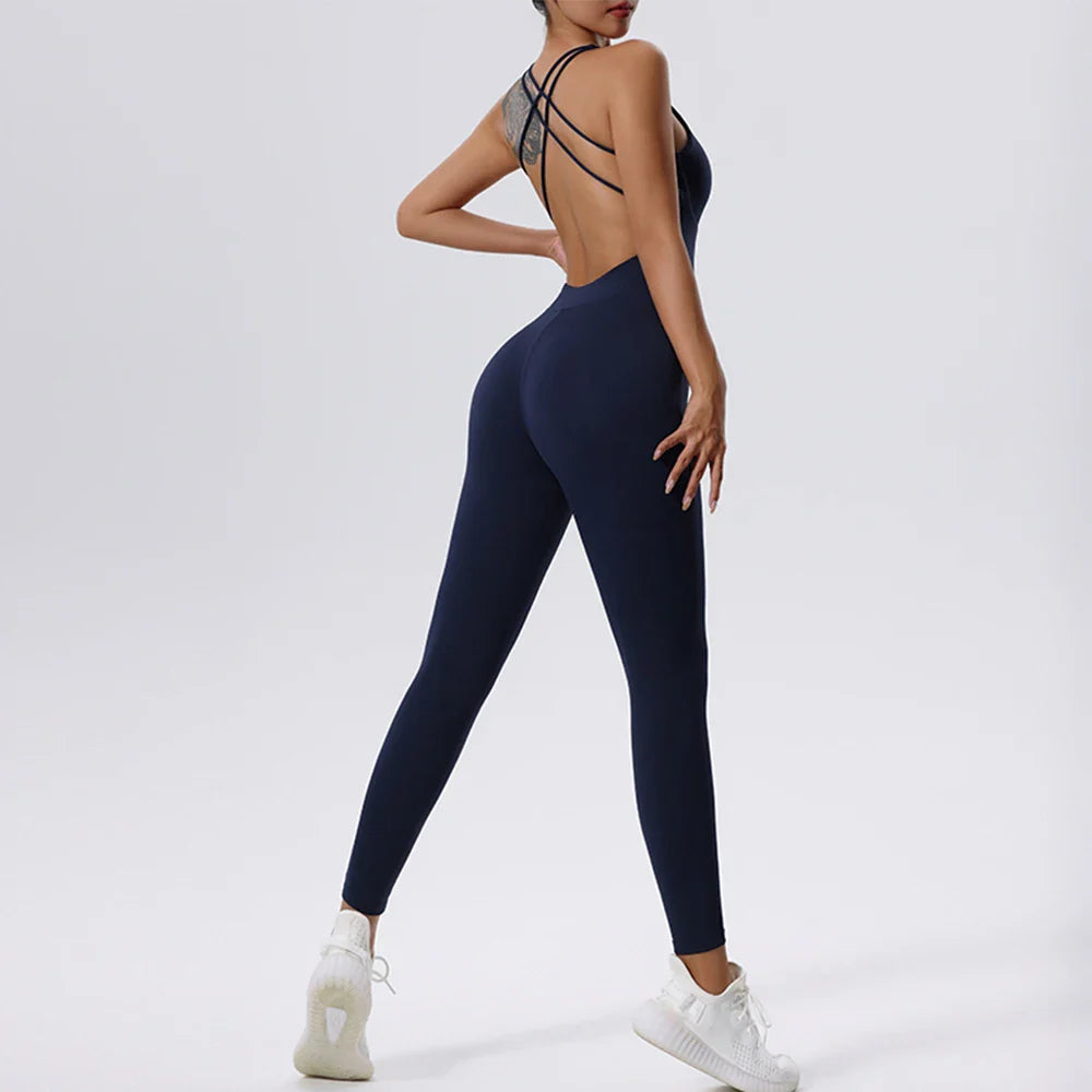 Sexy Jumpsuit Gym Workout Yoga Clothes Sleeveless One Piece Sports Jumpsuit Dance Fitness Tight Boilersuit Women Tracksuit Royal blue