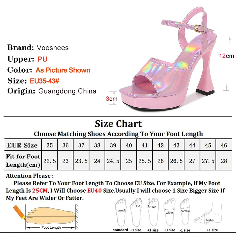 2024 Laser 12CM Women Sandals Peep Toe Platform Shiny Colors Block Heels Pumps Summer Thick High Heel Shoes Woman Outdoor Slides