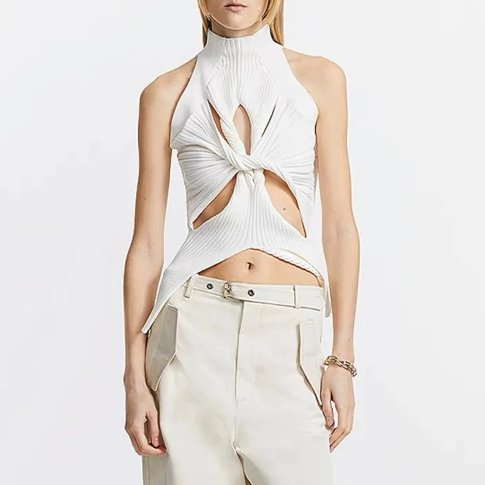 Solid Hollow Out Knitting Tank Tops For Women Turtleneck Sleeveless Off Shoulder Slim Vests Female Fashion Clothing white