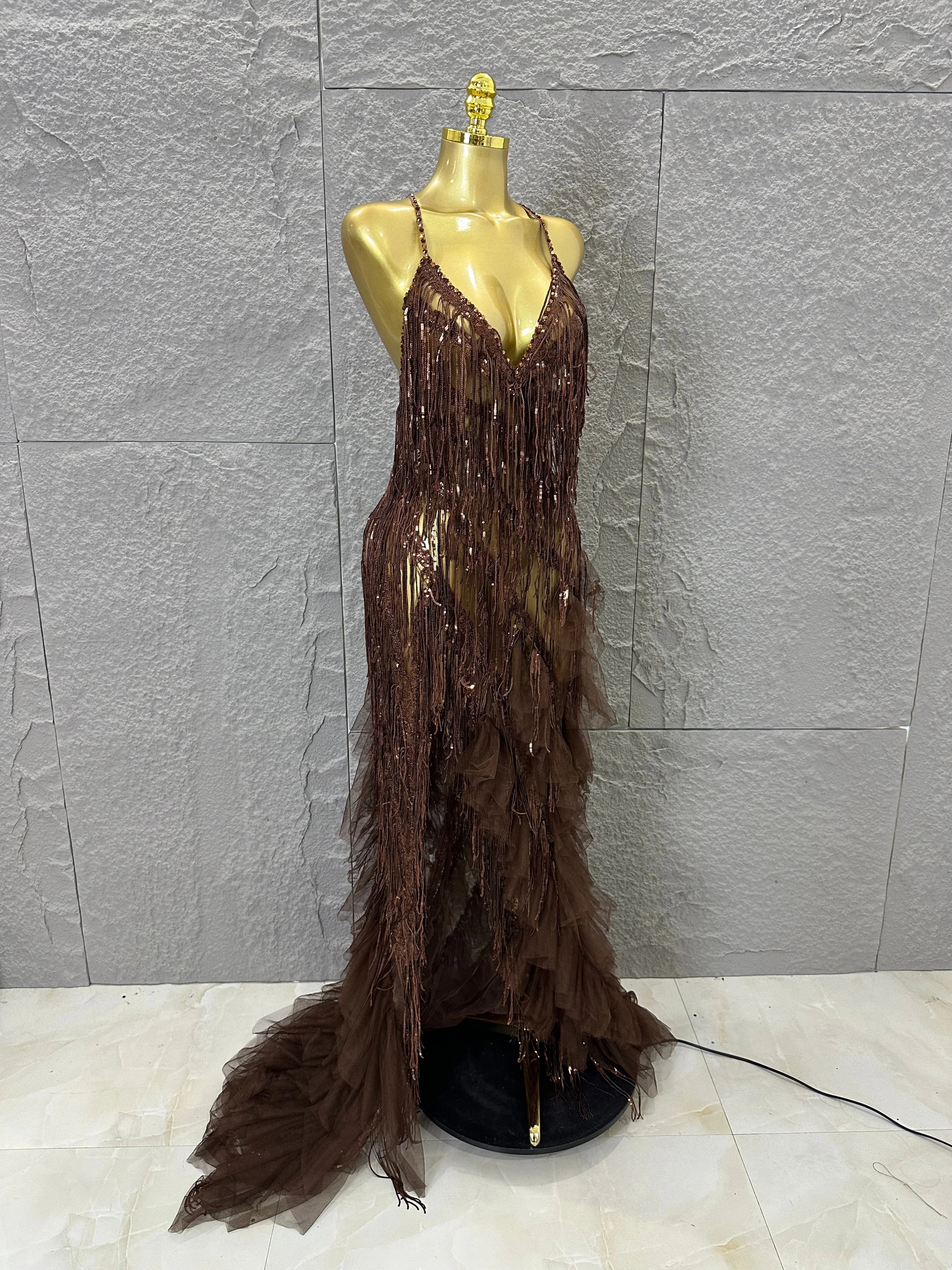 Elegant Brown Floowy Lace Women Sexy Spaghetti Strap V-Neck Tulle Ruffle High Slit Bodycon Outfit Evening Gala Party Costume