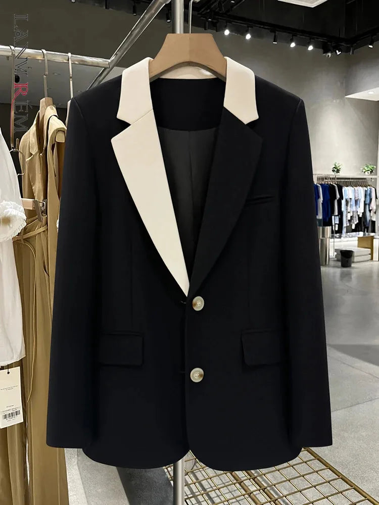 LANMREM Patchwork Design Niche Blazer For Women Color Block Single Breasted Office Lady Fashion Coat Clothing New 2DA5205