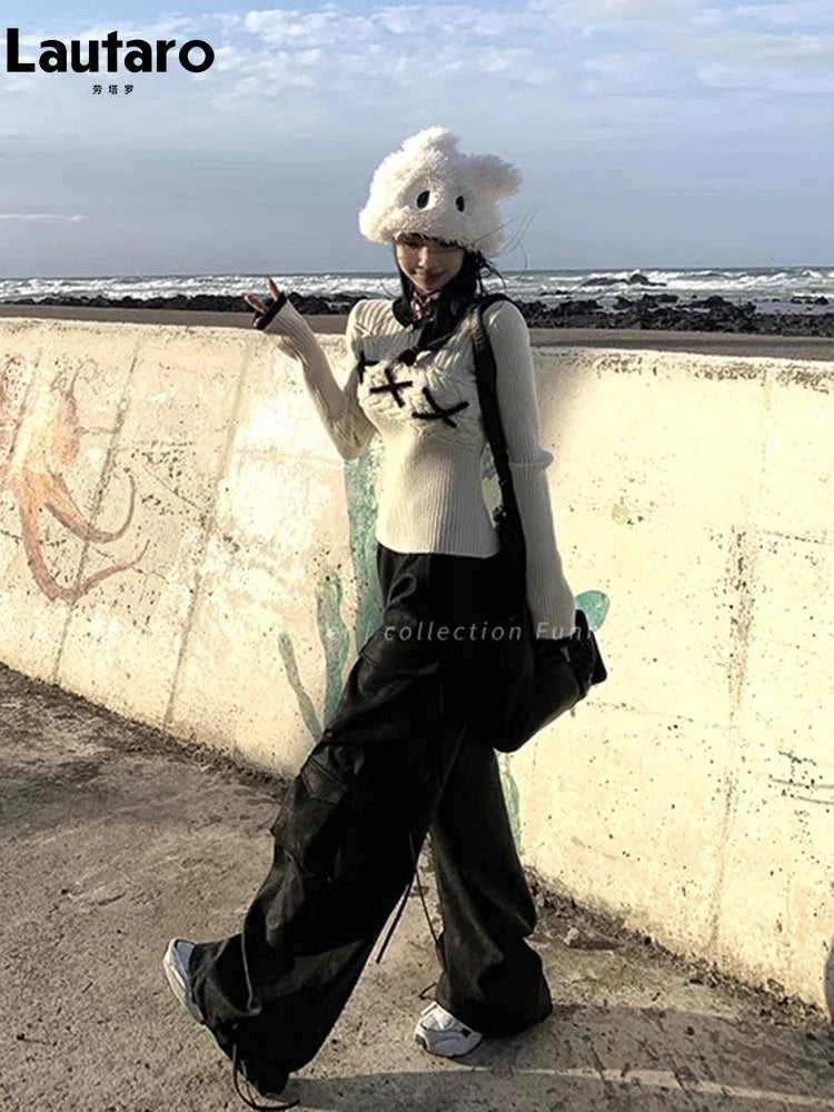 Spring Autumn Cool Handsome Baggy Black Pu Leather Straight Cargo Pants for Women Many Pockets Luxury Designer Clothes