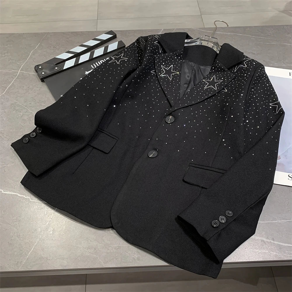 Solid Spliced Bedazzle Jackets for Women Lapel Long Sleeves Patchwork Single Breasted Temperament Jacket Female New BLACK