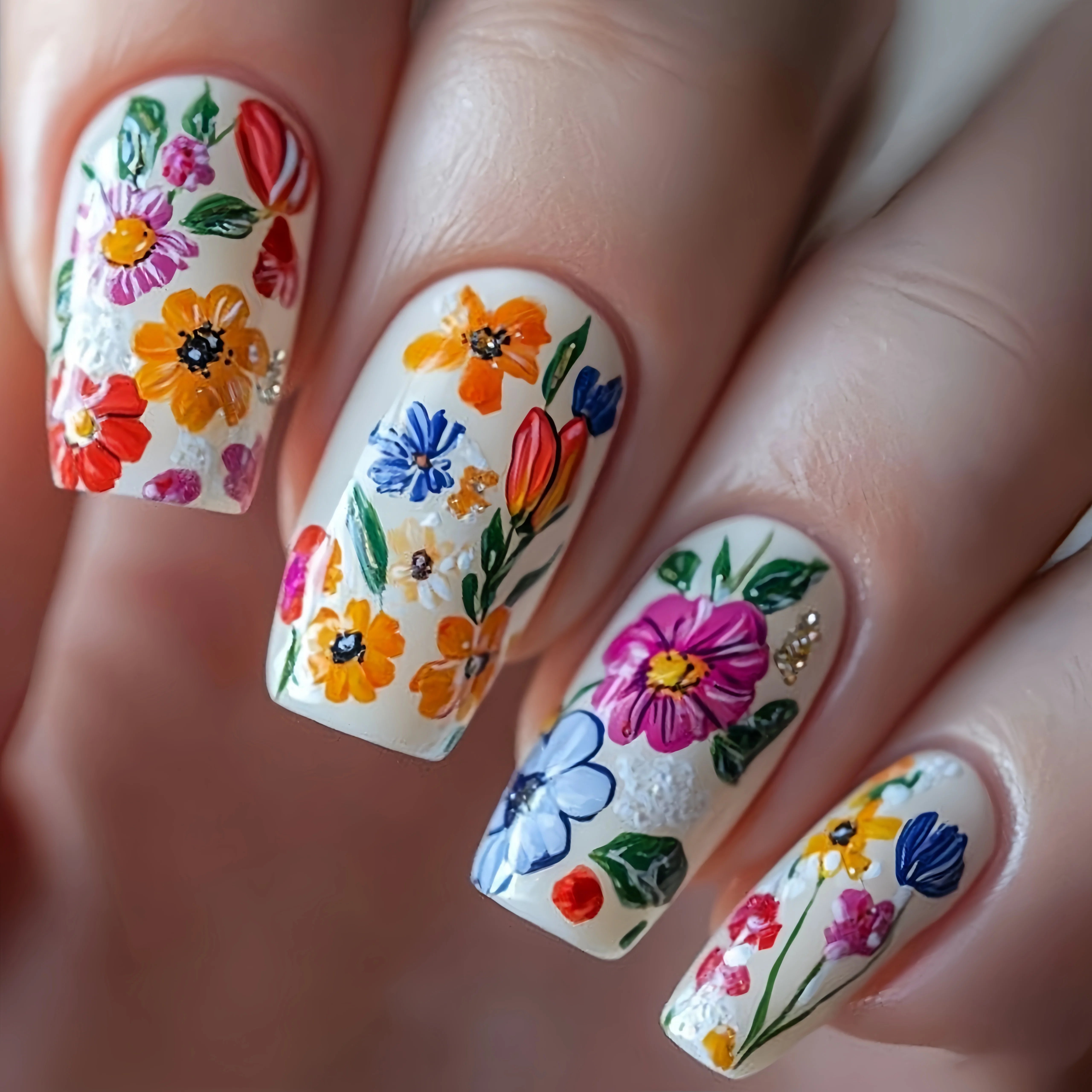 Medium and long square-shaped European manicure, fashionable manicure for New Year and spring and summer, purple gradient flower Mixed Color