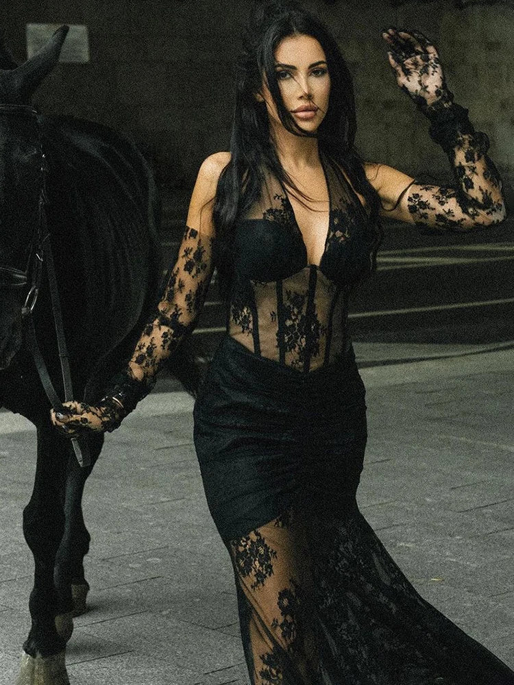 Fashion Party Dresses For Women Sexy Lace Halter Long Sleeves Gloves Design Maxi Gowns Vestidos