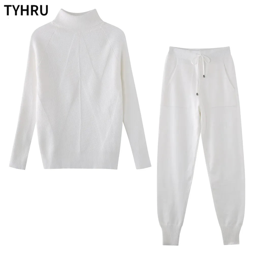 TYHRU Autumn Winter Women's tracksuit Solid Color Striped Turtleneck Sweater and Elastic Trousers Suits Knitted Two Piece Set White One Size
