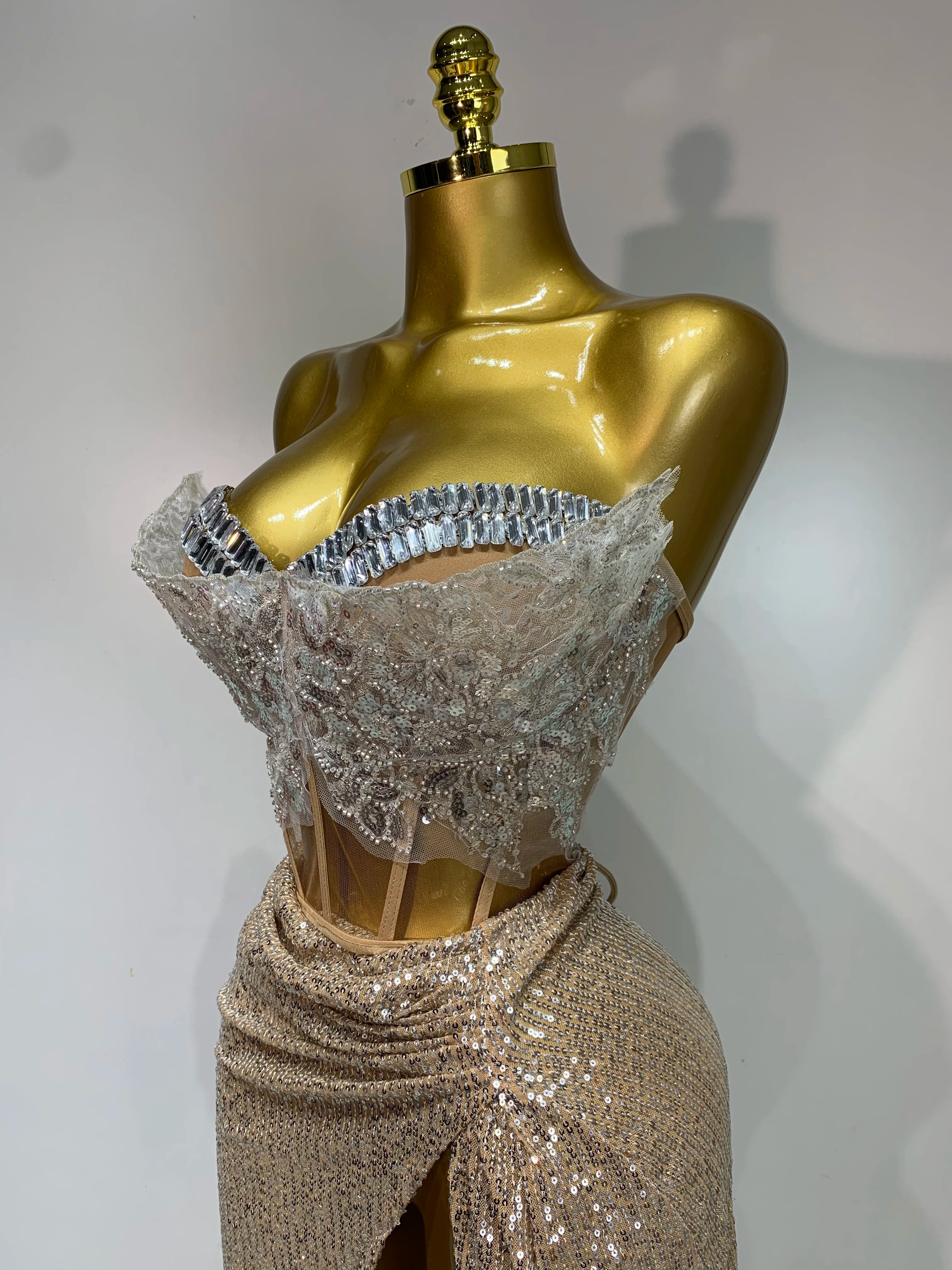 Women Sexy Singer Dancer Performan Costume Night Club Bar Girl Sparkly Sequins Diamond Party Two Piece Set Evening 0utfit