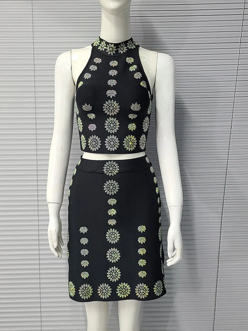 2025 Sexy Women's Hot Diamond Top+Bandage Short Skirt Sets O-neck Sleeveless Short Tank Top+High Waist Short Skirt Two Piece Set black