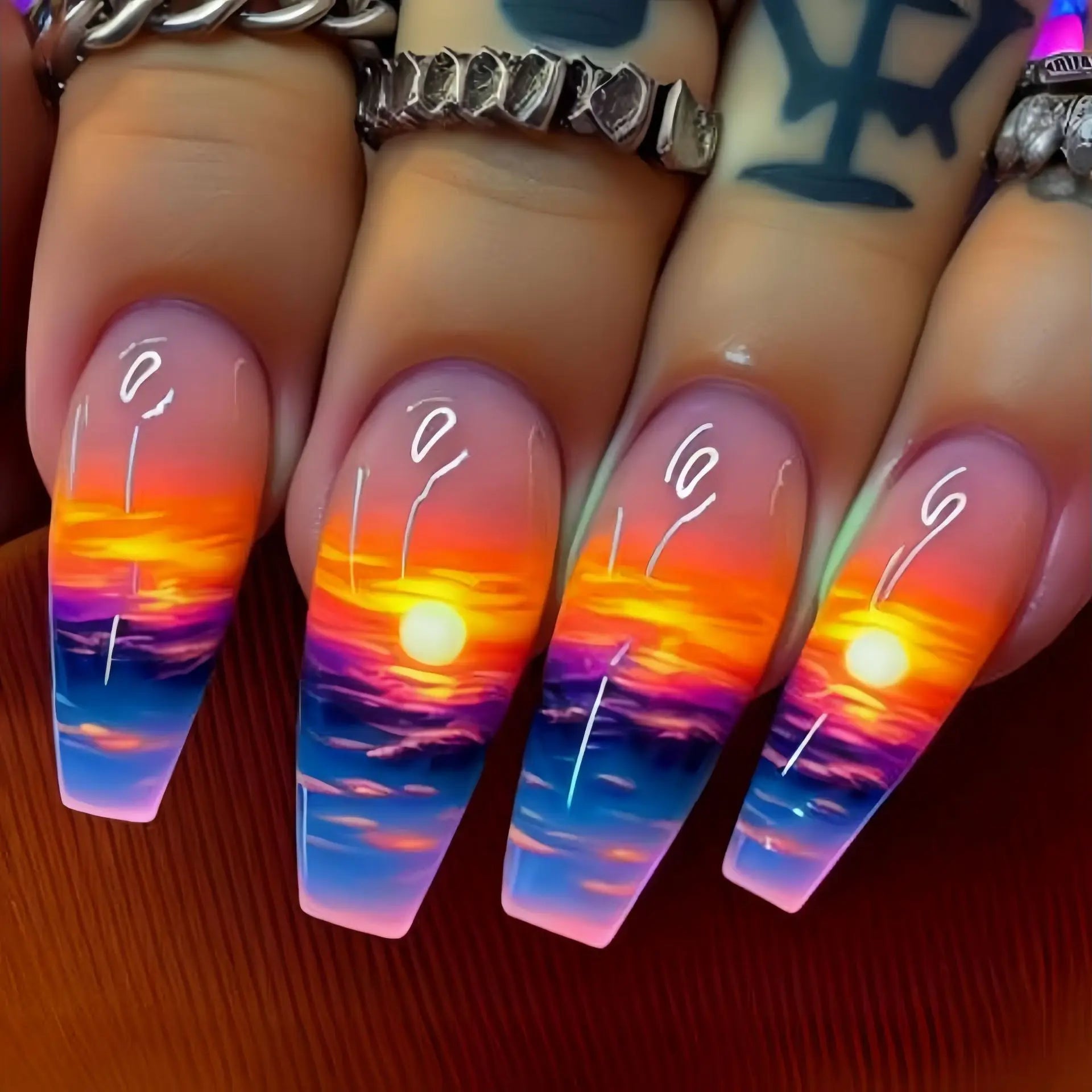 24pcs/set Short medium long fake nails colorful gradient Y2K sunset heart leopard print square ballet tips press on false nail 2143