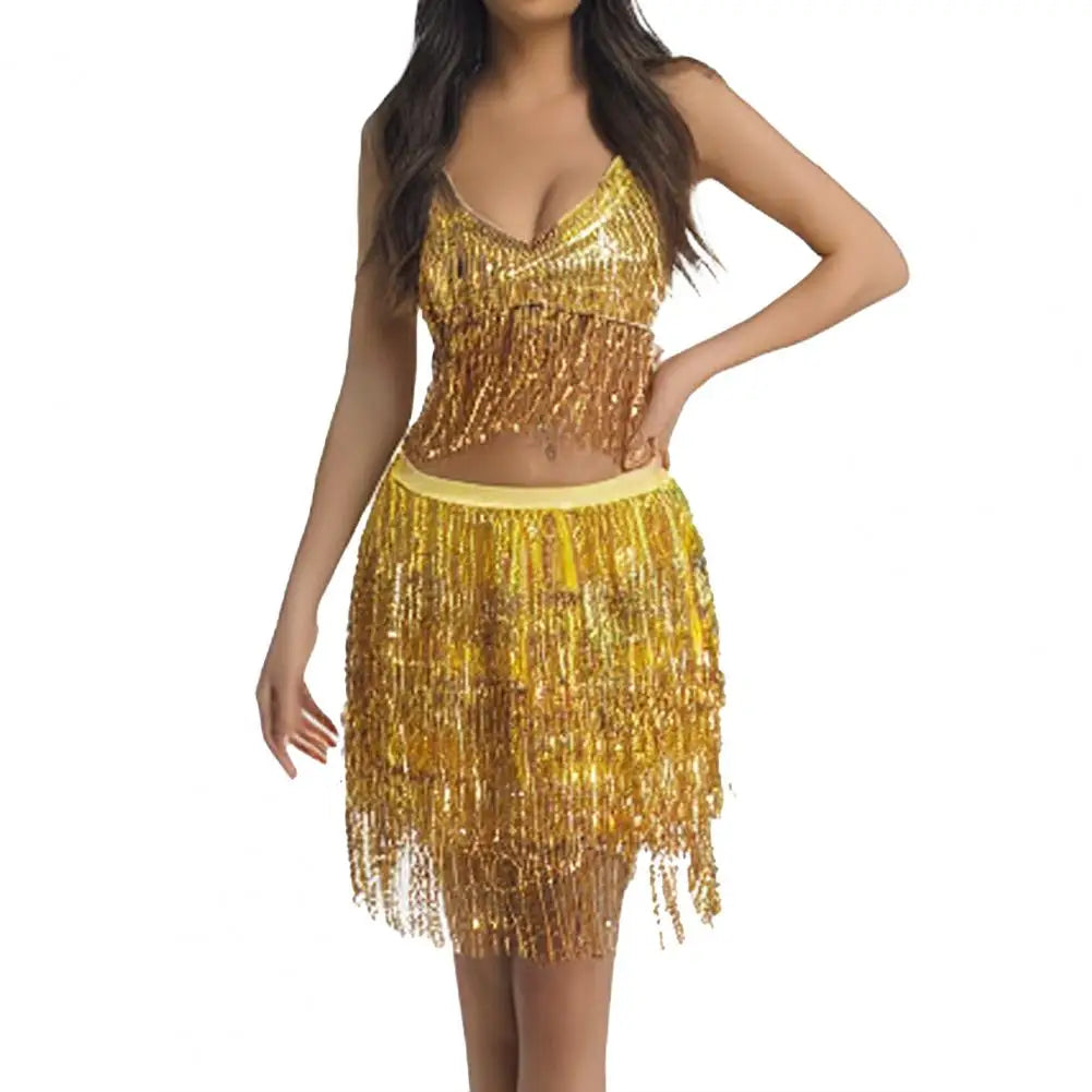 Sequin Tank Top Sparkling Sequin Fringe Halter Top for Women Belly Dance Nightclub Performance Bra Shiny Bronzing Vest Sexy