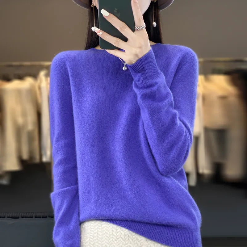 Women 100% Pure Merino Wool Knitted Sweater Autumn Winter Fashion O-Neck Top Cashmere Warm Pullover Seamless Jumper Clothes