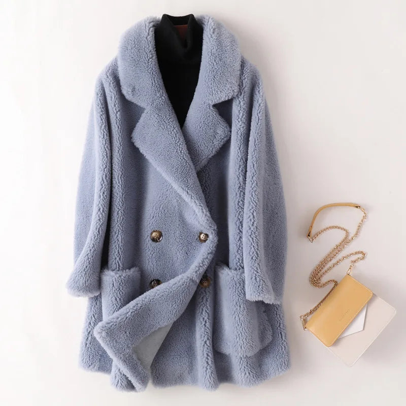 Real Fur Coat Australian Womens Natural Wool Coats Thick Warm Elegant Loose Large Size Long Outwear For Women