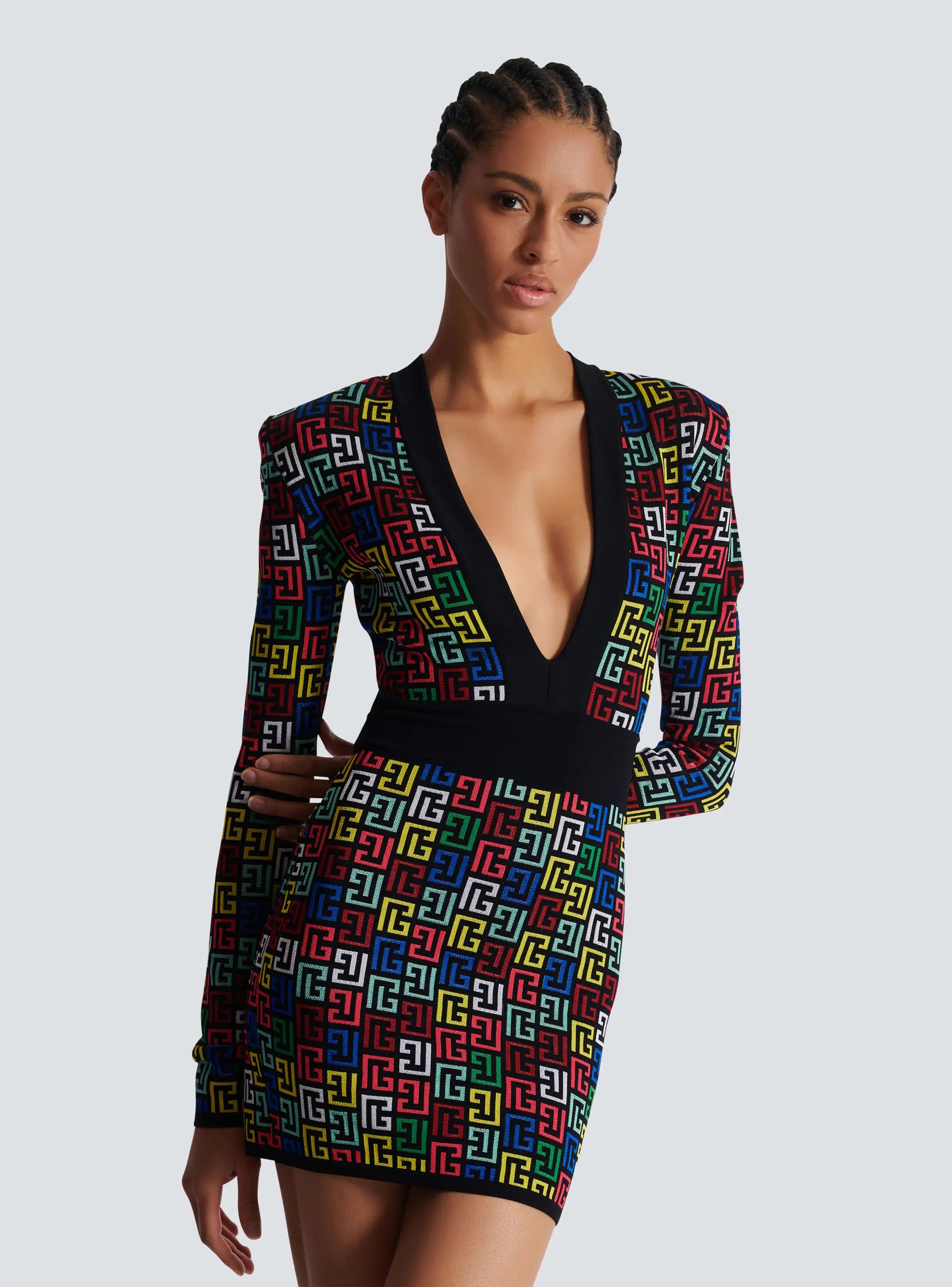 2024 Women Long Sleeve Deep V-Neck Bodycon Mini Jacquard Bandage Dress Elegant Evening Party Cocktail Outfit