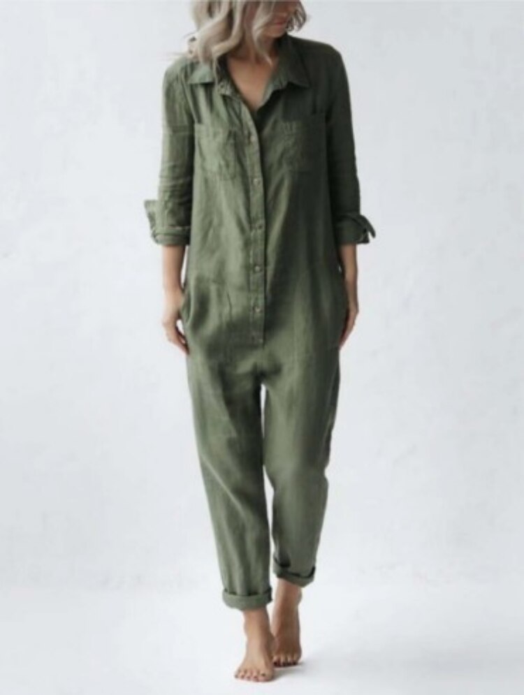 Salopette Vintage en coton pour femmes, combinaisons de printemps à manches longues, boutons, tenue une pièce, tunique Chic, combinaison verte surdimensionnée