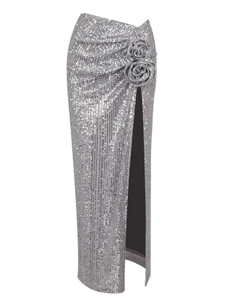 Women Mesh Sequins Flower Sparkly Silver Midi Bodycon Skirt 2024 Designer High Waist Party Office Lady Elegant Split Skirt